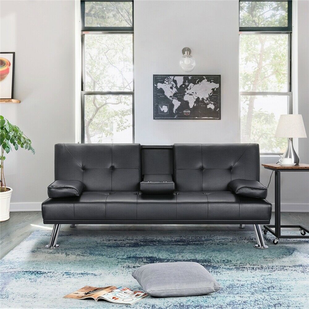 Opoiar Black Faux Leather Futon Sofa Bed Couch,3 Russia