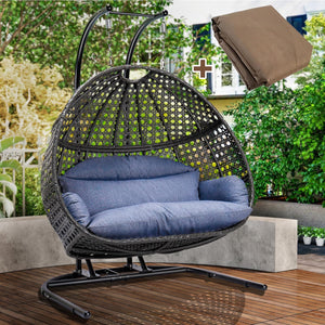 SilverCrate+™ 2 Person X-Large Wicker Rattan Hanging Egg Swing Chair (550lbs capacity)