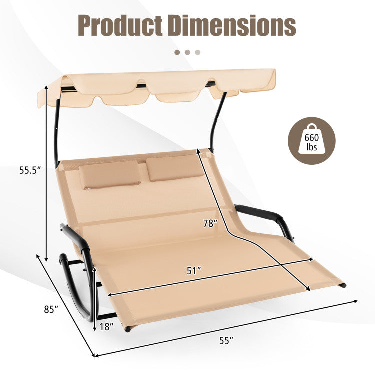 SilverCrate+™ 2 - Person Rocking Chaise Lounge w/ Canopy & Wheels (660 lbs Weight Capacity)