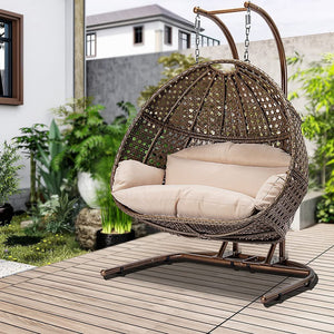 SilverCrate+™ 2 Person X-Large Wicker Rattan Hanging Egg Swing Chair (550lbs capacity)