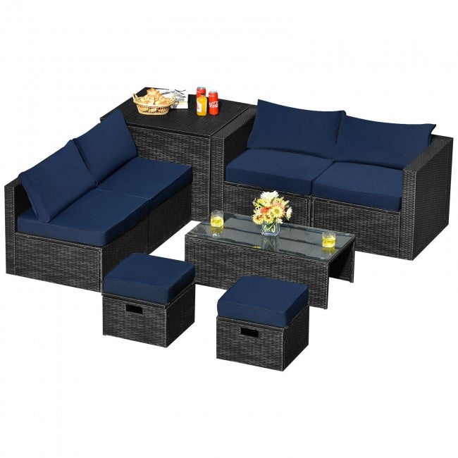 SilverCrate+™ 8 Pieces Patio Cushioned Rattan Furniture Set w/ Storage Waterproof Cover
