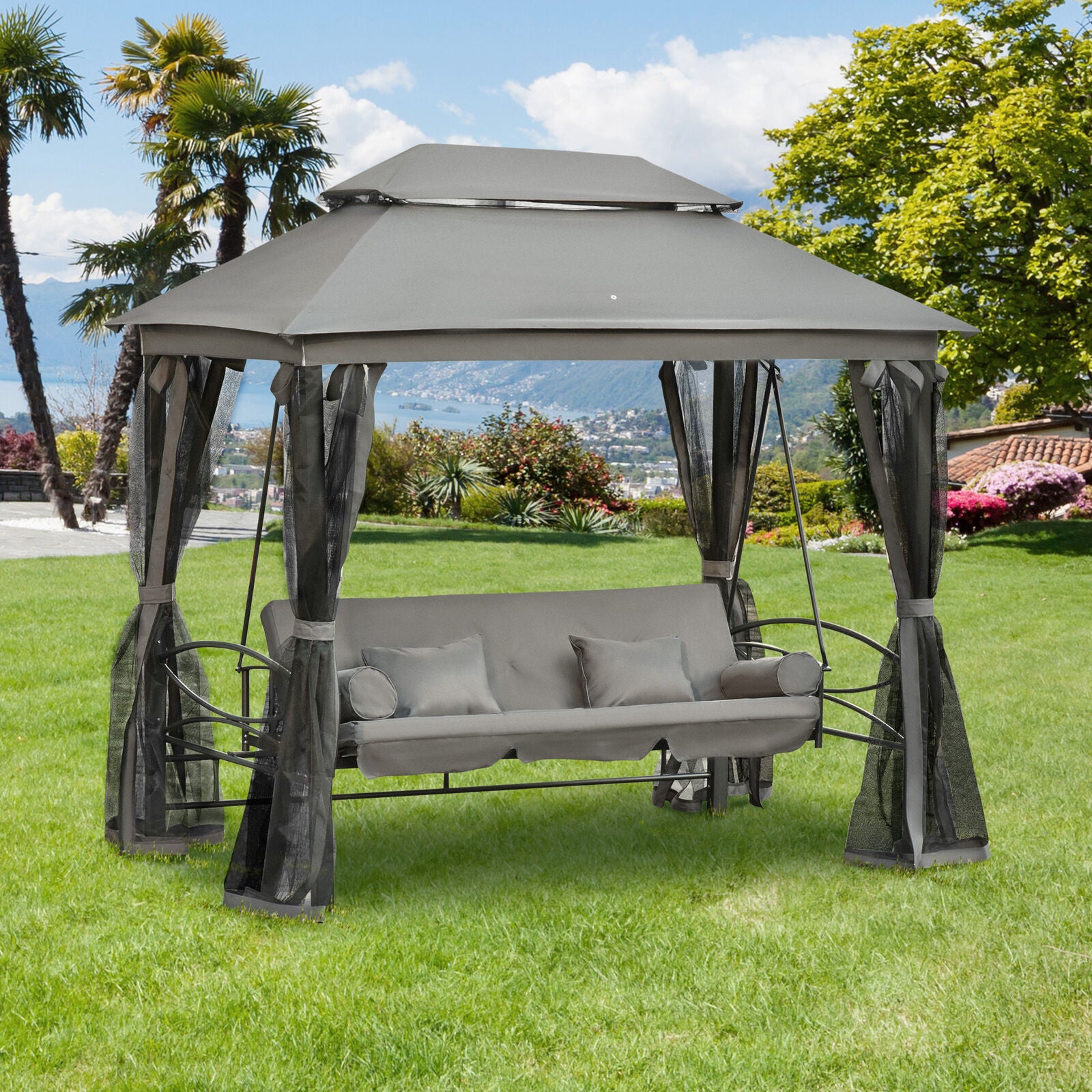 SilverCrate+™ 3-in-1 Folding Patio Swing Gazebo w/ Vented Top, Pillows & Anti-mosquito Mesh