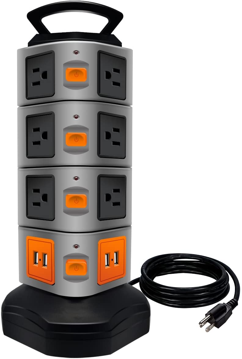 SilverCrate™ Power Strip Tower w/ 14 Outlet Plugs & 4 USB Ports